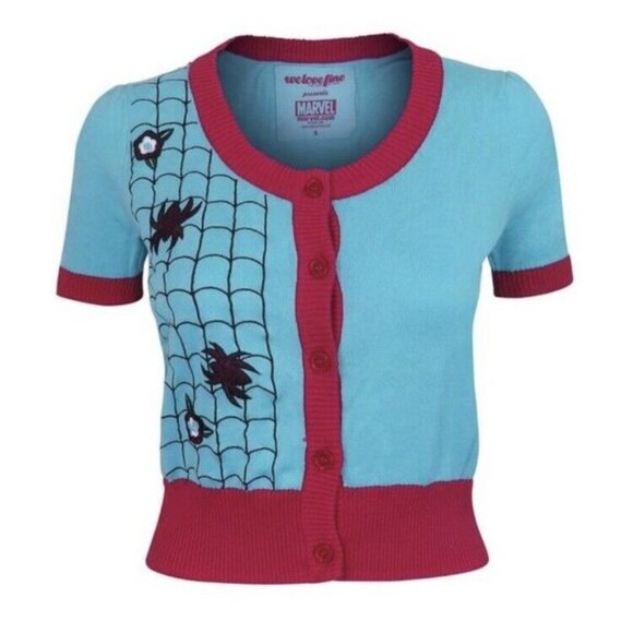 Spiderman Gwen Sweater Large Women’s Web Cardigan Blue Short Sleeve Cosplay New - Picture 1 of 4